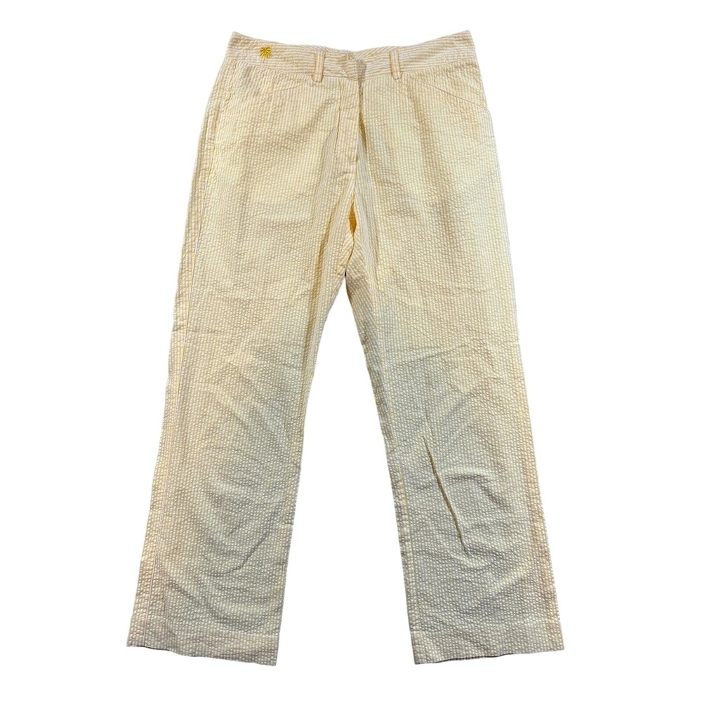Lilly Pulitzer Seersucker Stretch Cropped Pants Yellow White Stripe Zip Size 2